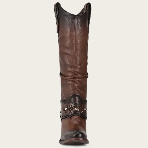 Women Cuadra Western Boots-Hand-Painted Brown Leather Boot With Austrian Crystals