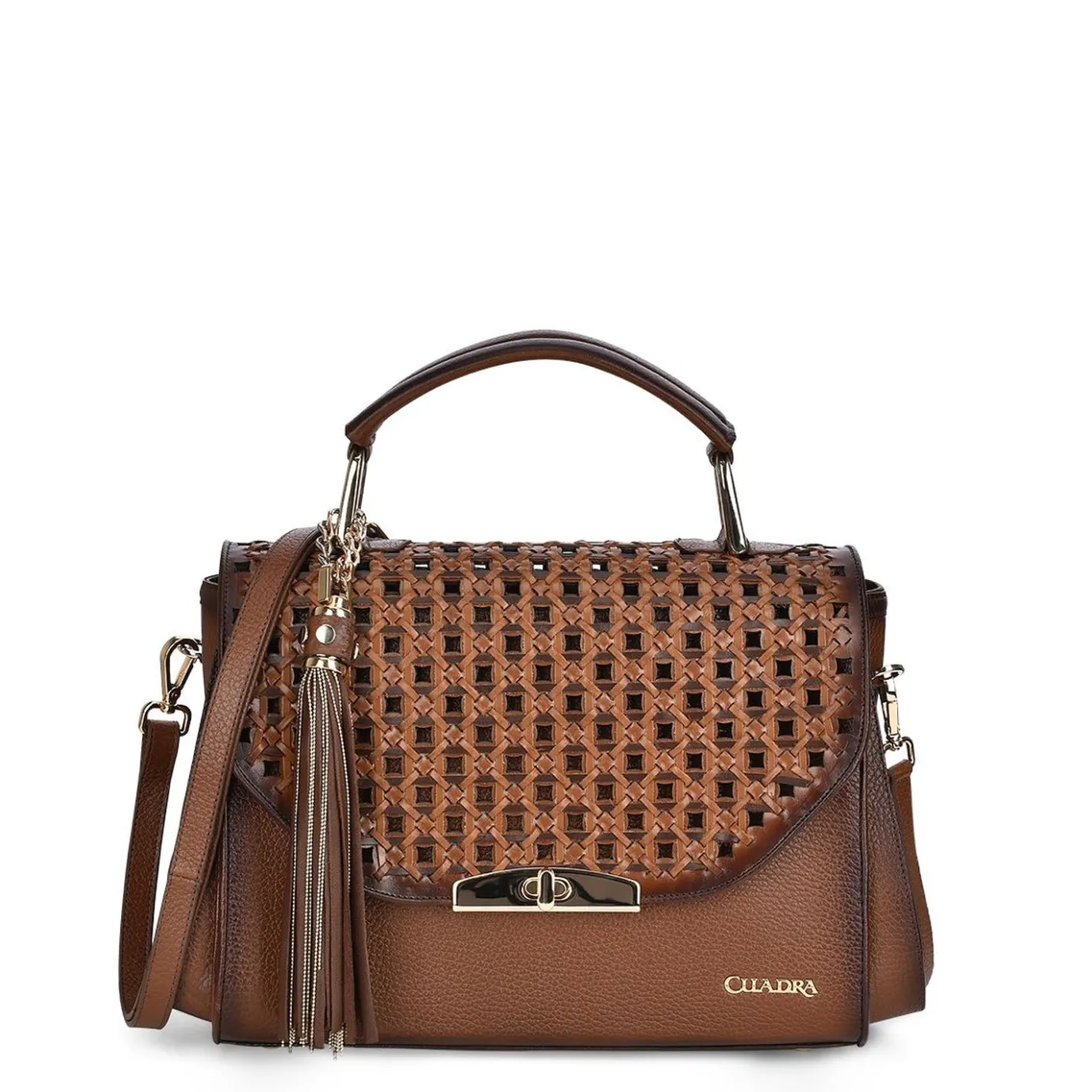 Women Cuadra Top Handle & Satchel Bags-Honey Leather Handcrafted Interweaving Handbag