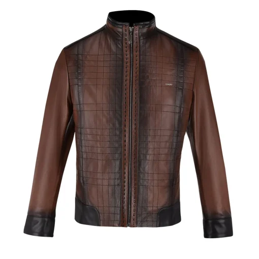 Men Cuadra Jackets-Mandarin Neck Dark Brown Leather Jacket