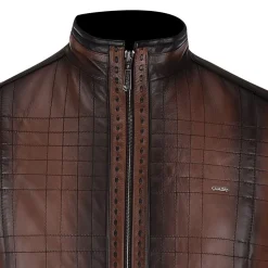 Men Cuadra Jackets-Mandarin Neck Dark Brown Leather Jacket