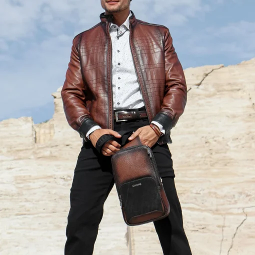 Men Cuadra Jackets-Mandarin Neck Dark Brown Leather Jacket
