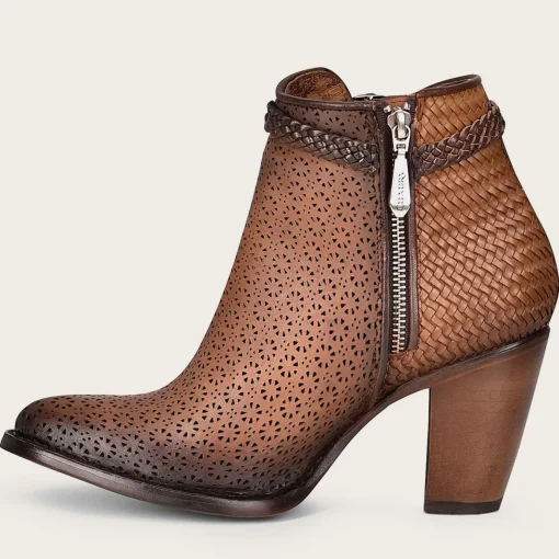 Women Cuadra Ankle Boots & Booties-Perforated Brown Leather Bootie With Hand Braided Strap