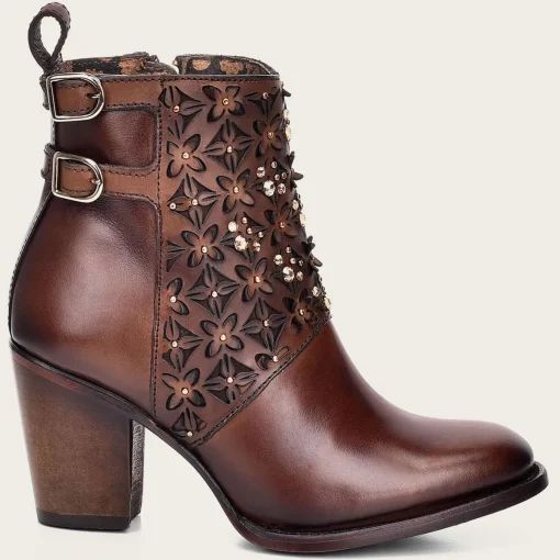 Women Cuadra Ankle Boots & Booties-Perforated Brown Leather Bootie With Austrian Crystals