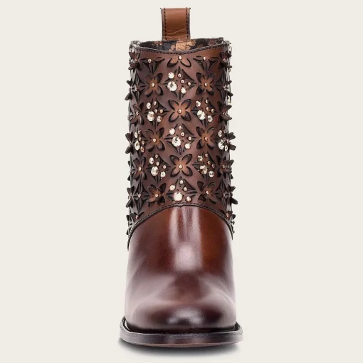 Women Cuadra Ankle Boots & Booties-Perforated Brown Leather Bootie With Austrian Crystals