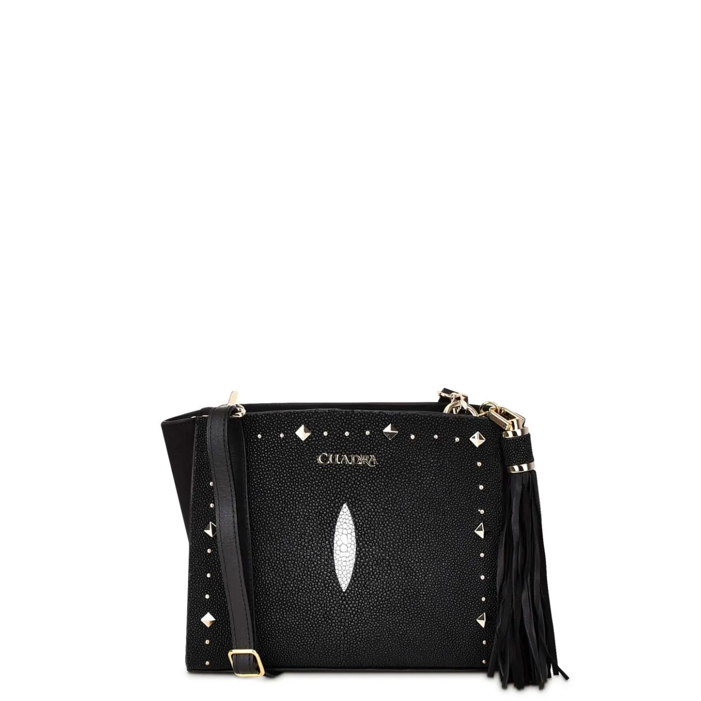 Women Cuadra Crossbody Bags-Studded Black Leather Crossbody Bag