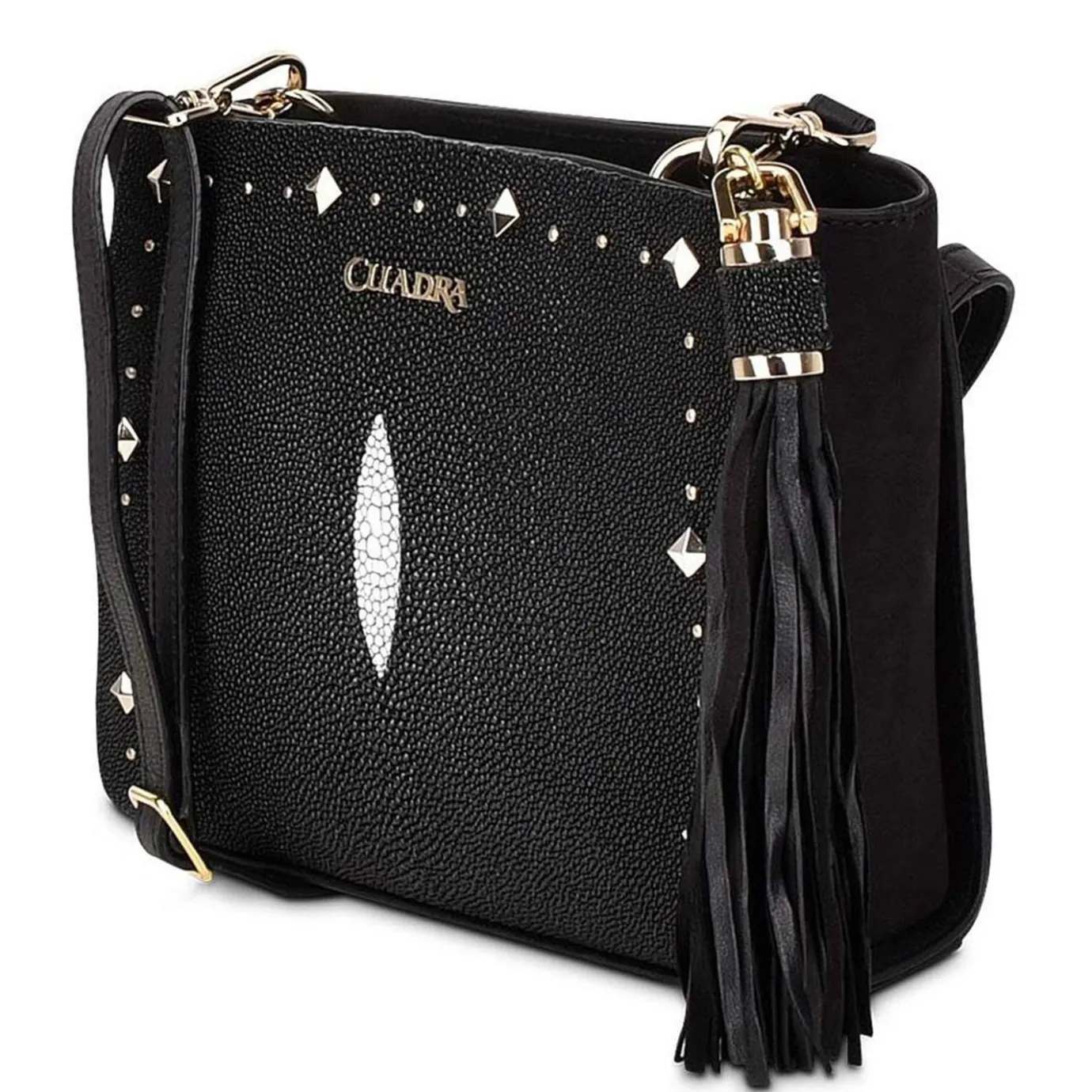 Women Cuadra Crossbody Bags-Studded Black Leather Crossbody Bag