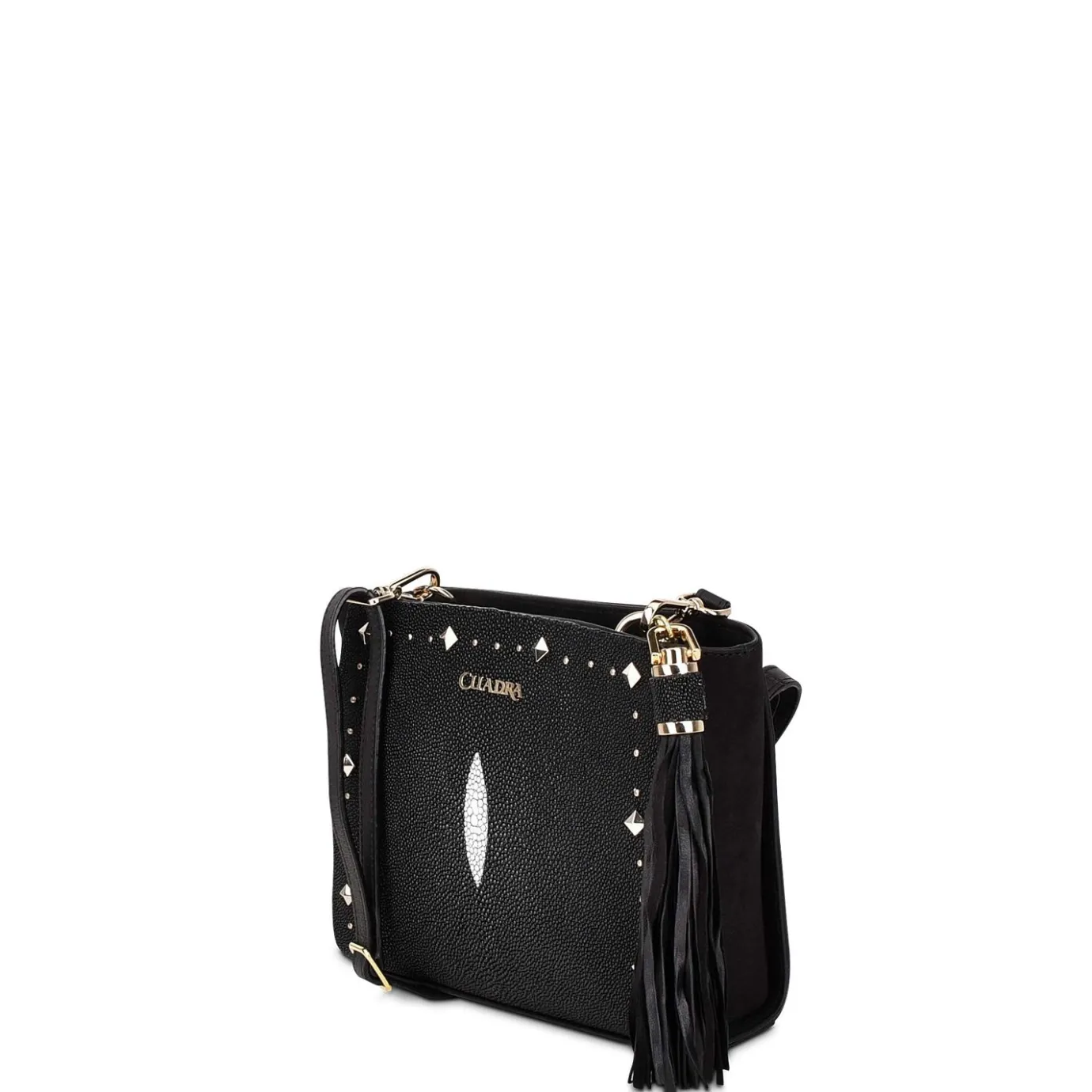 Women Cuadra Crossbody Bags-Studded Black Leather Crossbody Bag