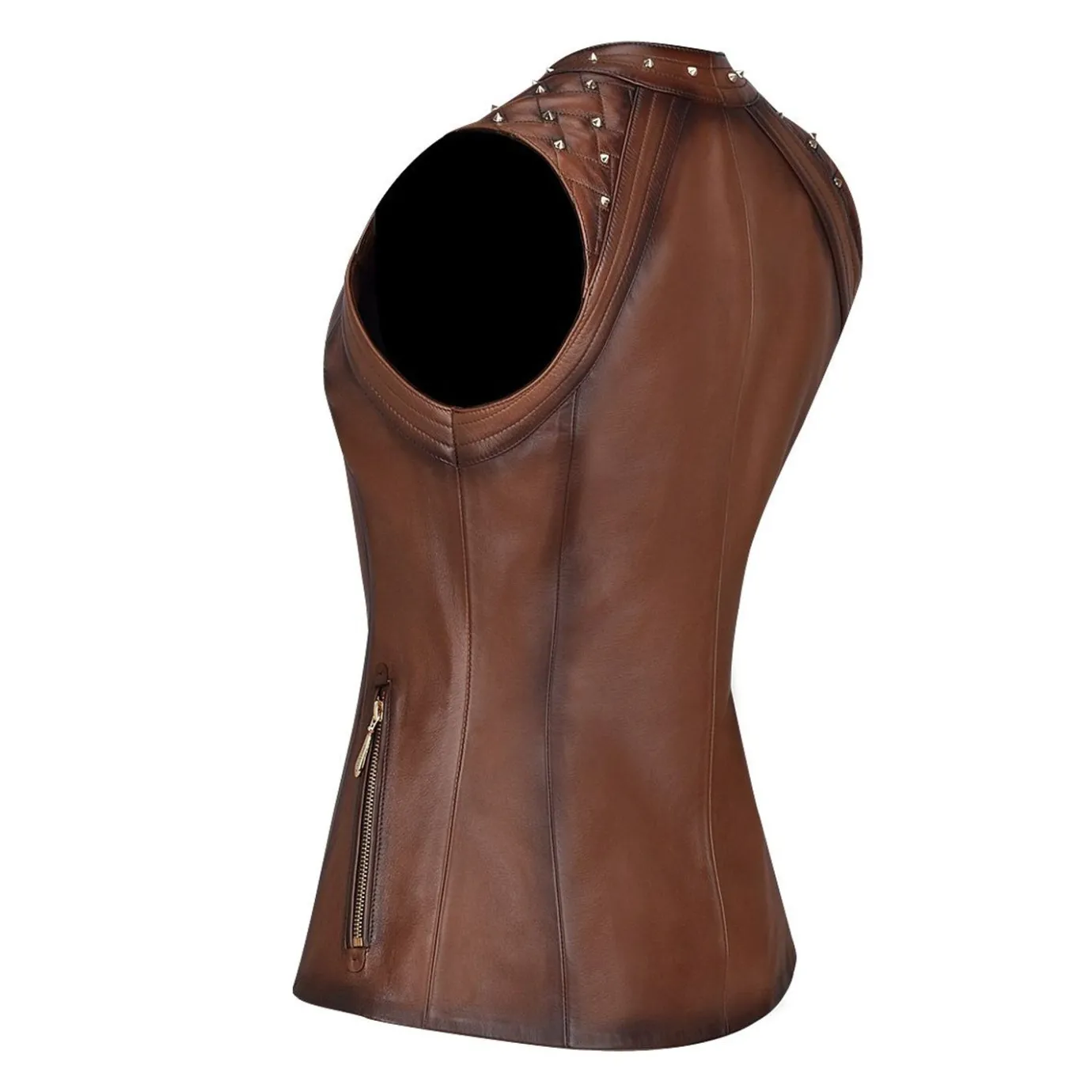 Women Cuadra Vests-Womens Shoulder Pads Brown Leather Vest